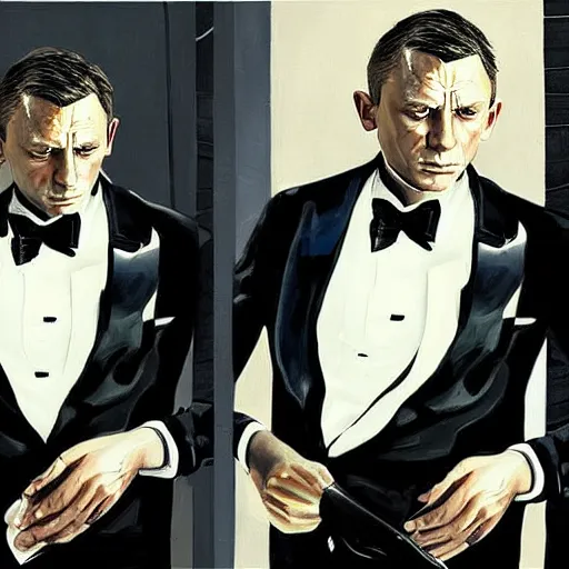 Prompt: a painting in the style of cedric peyravernay of daniel craig in a tuxedo, highly detailed