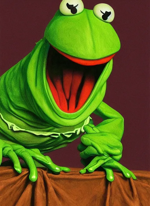 Image similar to portrait of a Screaming Kermit the frog in Society (1989), highly detailed, centered, solid color background, digital painting, artstation, concept art, smooth, sharp focus, illustration, artgerm, donato giancola, Joseph Christian Leyendecker, Les Edwards, Ed Repka, WLOP, Artgerm