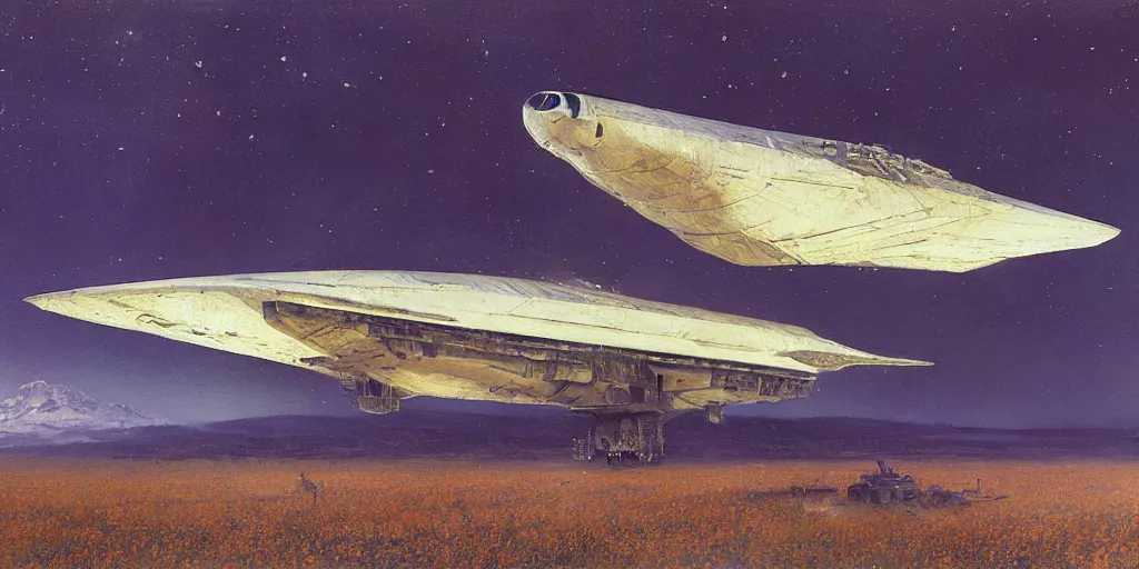 Prompt: Fernand Khnopff white giant spaceship starship battlestar airship landed laying in center on tansy wormwood field, snowy mountain afar by Fernand Khnopff by john berkey, oil painting, concept art