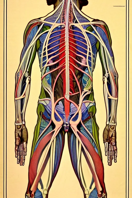 Image similar to extremely psychedelic anatomically accurate diagram of the full human muscular system, full body, intricate parts, fine details, hyper realistic, elegant minimalism, by seichen, alphonse mucha, surreal