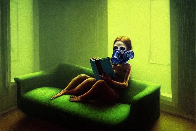 Image similar to hyperrealistic girl wearing a gas mask lying on the sofa reading a book in her room, in the style of beksinski, solarpunk, exact anatomy, atmospheric, clean, intricate and epic composition, green by caravaggio, insanely quality, highly detailed, masterpiece, blue light, artstation, 4 k