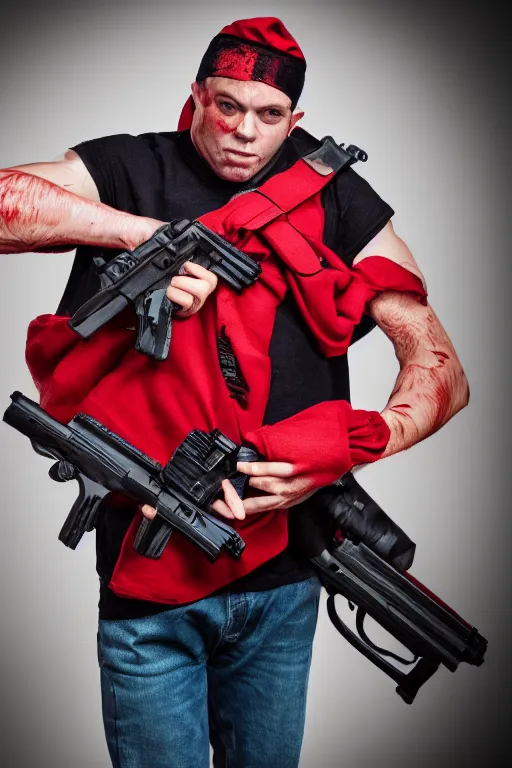 Image similar to man wearing a red sack over his head holding a gun, bloody, looking at the camera