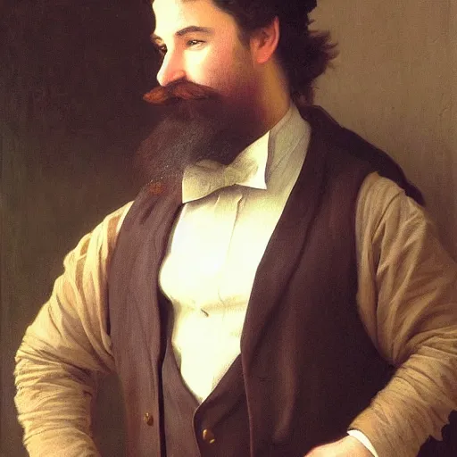 Image similar to detailed portrait painting of gentleman fantasy dwarf wearing brown tuxedo by William-Adolphe Bouguereau, trending on artstation