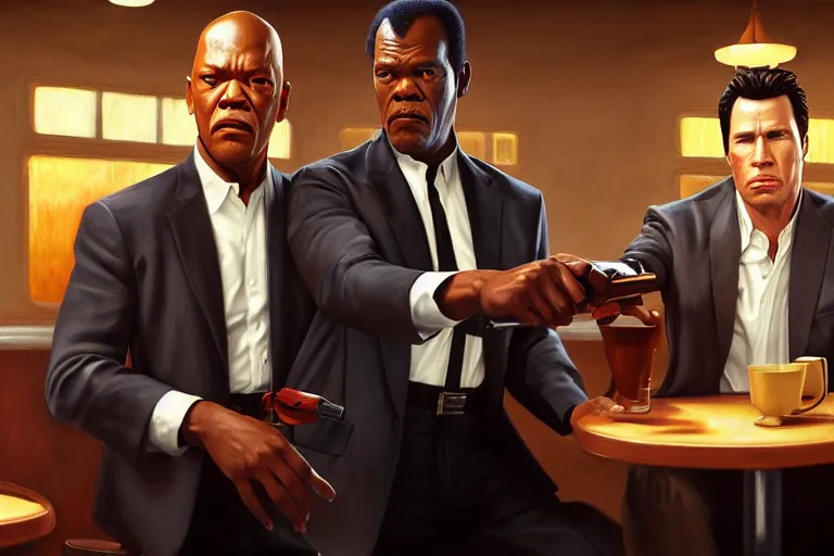 Image similar to painting pulp fiction movie highly detailed full - body samuel l jackson and john travolta posing in cafe, perfect symmetrical eyes, by eddie mendoza and tyler edlin, 8 k resolution, digital art, hyper realistic