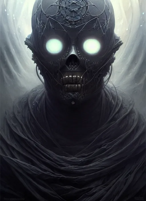 Prompt: closeup portrait shot of a dark ghost phantom in a scenic dystopian environment, intricate, elegant, highly detailed, centered, digital painting, artstation, concept art, smooth, sharp focus, illustration, artgerm, tomasz alen kopera, peter mohrbacher, donato giancola, joseph christian leyendecker, wlop, boris vallejo