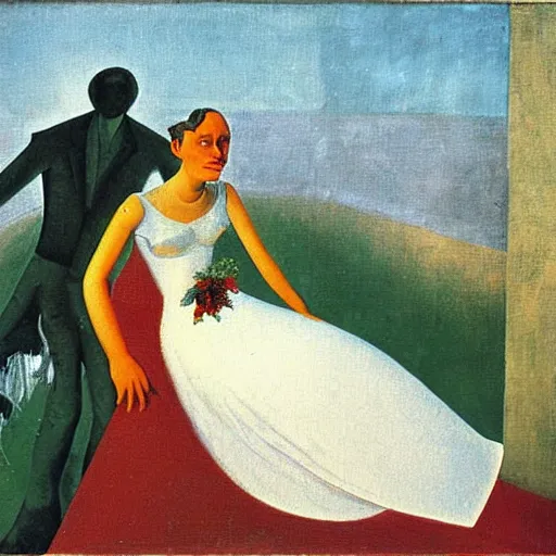 Prompt: bride falls over, oil painting by max ernst