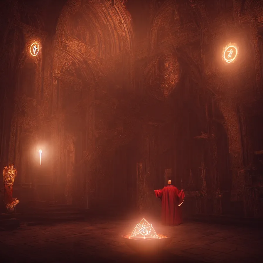 Image similar to an occult priest performs demonic ritual with magic and a glowing sigil in a fantastic temple, volumetric lighting, magical lighting, raytracing, dynamic lights and shadows, photorealistic render, digital art, wallpaper, octane, redshift, hyperdetailed, intricate details