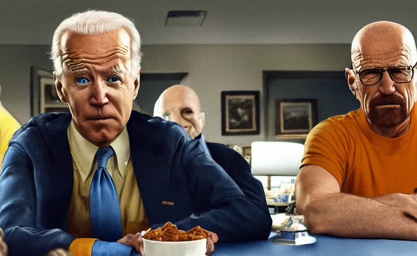 Image similar to photo of joe biden and walter white in los pollos hermanos sitting on the same table, ultra detailed, movie frame, cinematical composition, 4 k, colorful
