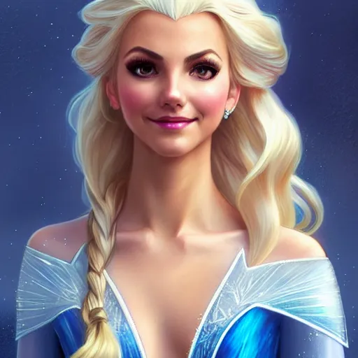 Image similar to Blonde Victoria Justice as Elsa from Frozen, western, D&D, fantasy, intricate, elegant, highly detailed, digital painting, artstation, concept art, matte, sharp focus, illustration, art by Artgerm and Greg Rutkowski and Alphonse Mucha