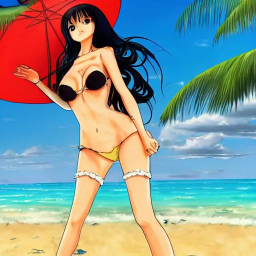 Prompt: sultry nico robin on the beach, one piece, anime art pixiv