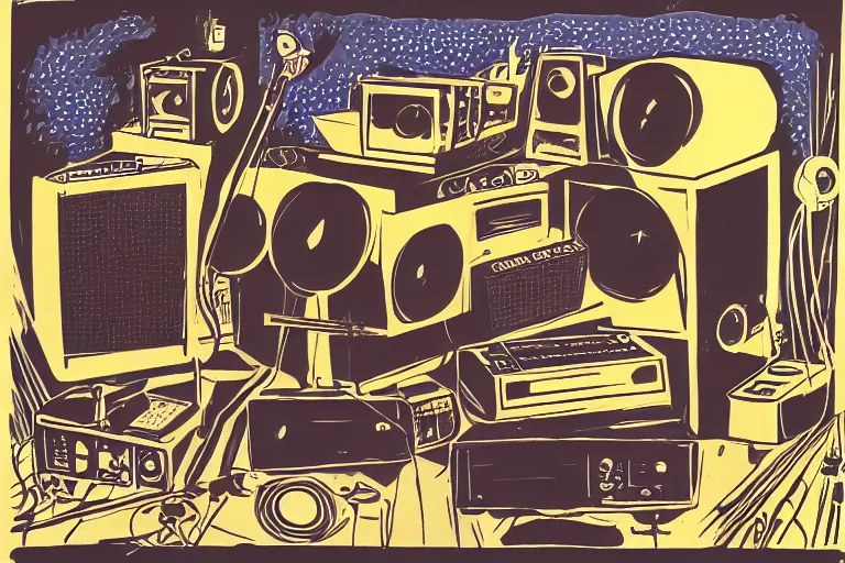 Image similar to a dark retro 1967 gouache illustration of a time traveling sound system