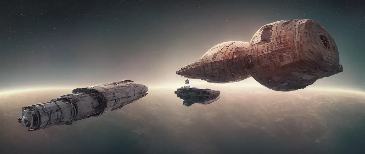 Image similar to illustration, a single small spaceship, deep space exploration, alone, the expanse tv series, industrial design, battlestar galactica tv series (2004), cinematic lighting, 4k, greebles, widescreen, wide angle, sharp and blocky shapes, hyper realistic, hubble photography, the final frontier, beksinski, simon stalenhag