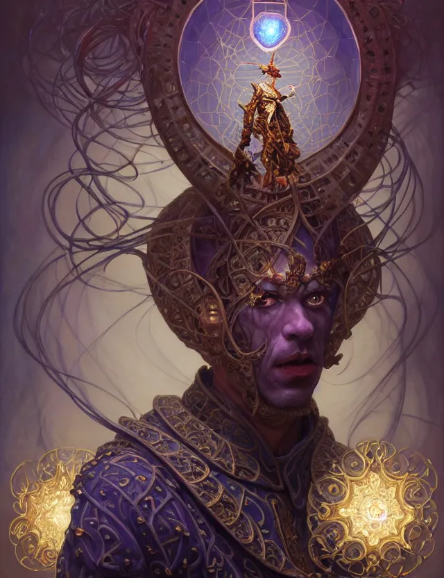 Image similar to front shot of a court jester character, hyperdimensional, bioluminescent hypercubes, ((intricate)), elegant, highly detailed, centered, (((artstation, concept art, smooth, sharp focus, artgerm, Tomasz Alen Kopera, Peter Mohrbacher, donato giancola, Joseph Christian Leyendecker, WLOP, Boris Vallejo))), mugshot!!!!!, ugly!!!!!!, octane render, nvidia raytracing demo, grainy, muted, 8K, digitalblasphemy