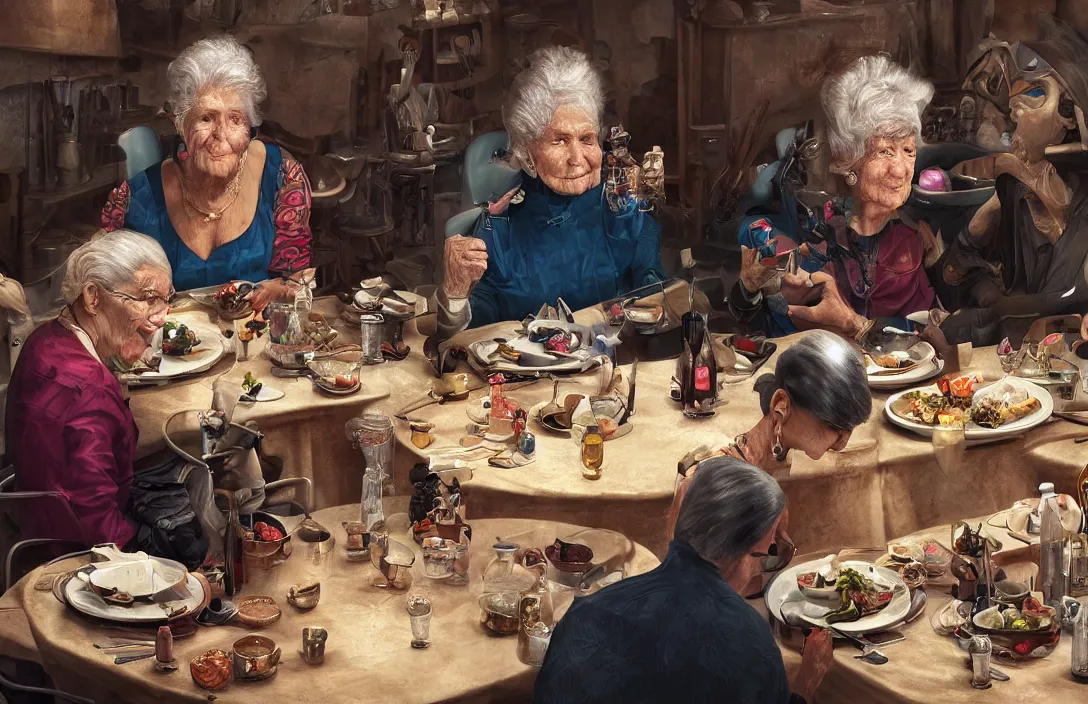 Image similar to portrait of mirta legrand old lady with cibernetic eye sitting at the table having lunch with cyborgs. centered. digital art. hyperrealistic, hyperdetailed. 4 k octane render