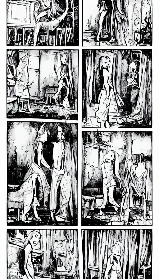 Image similar to multi - panel page from a highly detailed horror comic. young woman talking with a horrifying creature in her adjustment. terror. ink.