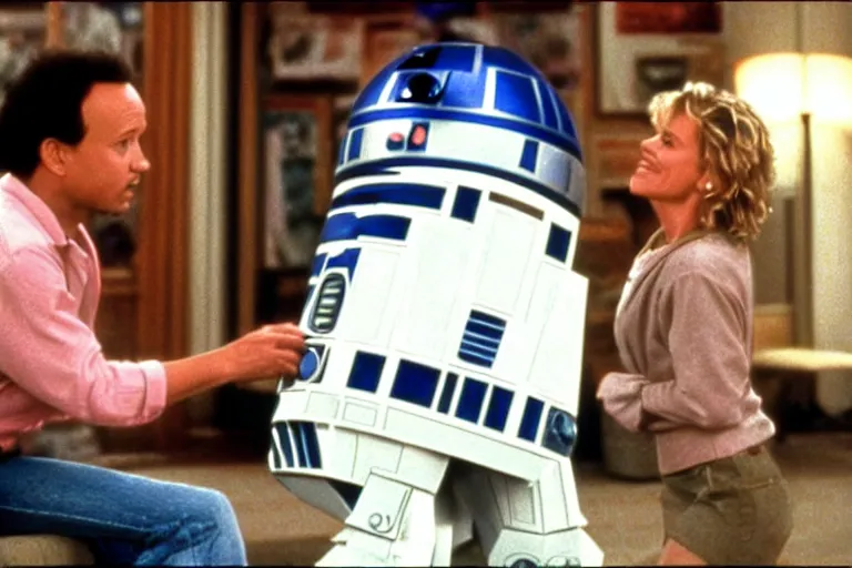 Prompt: a movie still from the 1989 romcom movie when Harry Met R2D2 starring Billy Crystal and Meg Ryan as R2D2