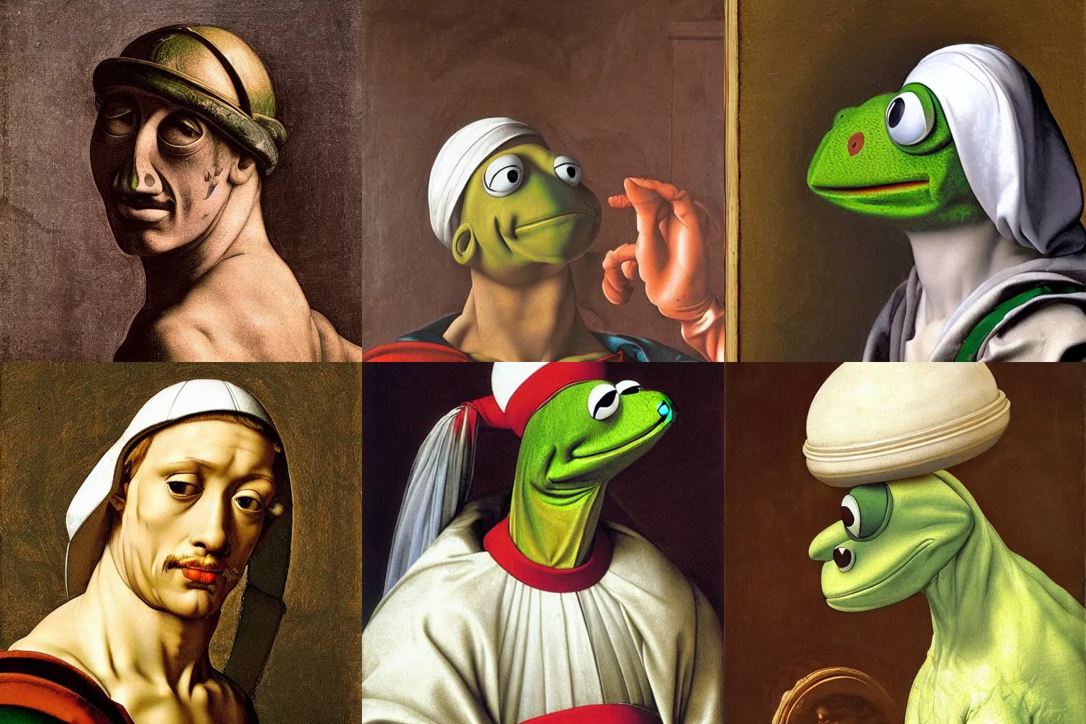 Image similar to A extremely highly detailed majestic hi-res beautiful, highly detailed head and shoulders painting of kermit the frog as a catholic pope by Michelangelo Merisi da Caravaggio,