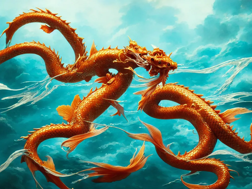 Image similar to intertwined koi dragon fish, water torrent background, jesper ejsing, james jean, justin gerard, tomasz alen kopera, cgsociety, fenghua zhong, makoto shinkai, octane render, highly detailed, rim light, cinematic lighting, hyper realism, high detail, intricate, 4 k, masterpiece