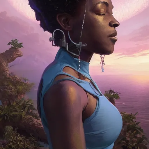 Image similar to highly detailed an african american woman in with the exosuitin from the future gta v, stephen bliss, unreal engine, fantasy art by greg rutkowski, loish, rhads, ferdinand knab, makoto shinkai and lois van baarle, ilya kuvshinov, rossdraws, tom bagshaw, global illumination, radiant light, detailed and intricate environment