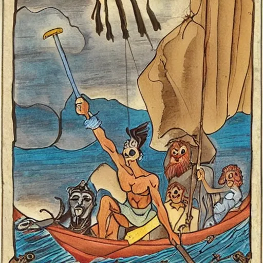 Prompt: hades from the cartoon Hercules on a boat on the River Styx, minimal, Spanish folk art
