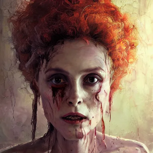 Image similar to expressive oil painting, alien dark fae girlboss based on helena bonham carter mixed with sigourney weaver, bumpy mottled skin full of blood and scars, ornate headpiece, body horror, by yoshitaka amano, by greg rutkowski, by jeremyg lipkinng, by artgerm, digital art, octane render