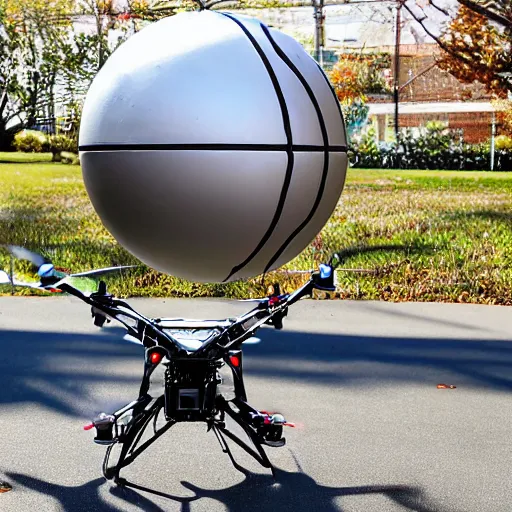 Prompt: flying drone robot with basketball hoop on drone robot body