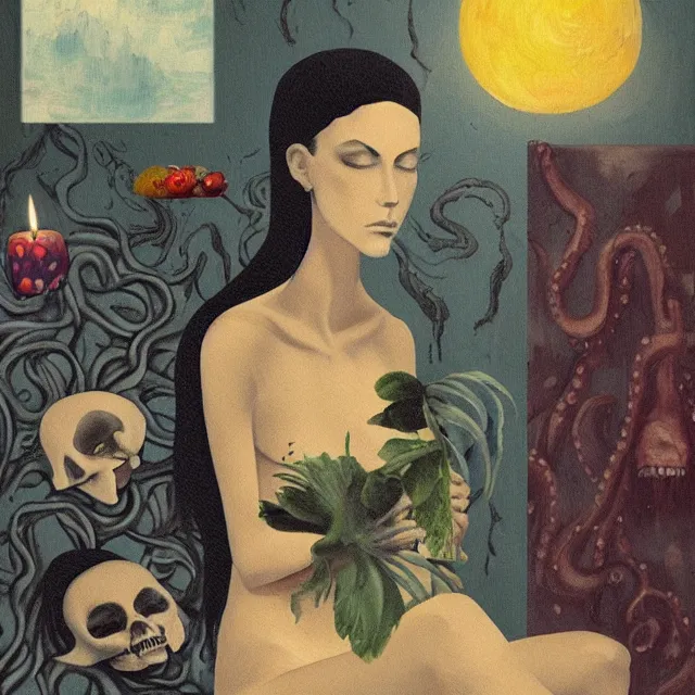 Image similar to tall female emo artist holding a skull in her flooded apartment, pomegranates, octopus, water gushing from ceiling, painting of flood waters inside an artist's apartment, a river flooding indoors, candles, ikebana, zen, rapids, waterfall, black swans, canoe, berries, acrylic on canvas, surrealist, by magritte and monet