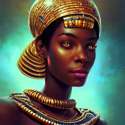 Image similar to highly detailed portrait of an african egyptian goddess, intricate alien technology, stephen bliss, unreal engine, fantasy art by greg rutkowski, loish, rhads, ferdinand knab, makoto shinkai and lois van baarle, ilya kuvshinov, rossdraws, tom bagshaw, global illumination, radiant light, detailed and intricate environment