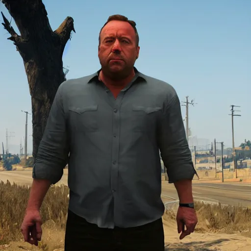 Image similar to hyperrealistic mixed media image of info wars alex jones as trevor in gta v, stunning 3 d render inspired art by xiang duan and thomas eakes and greg rutkowski, perfect facial symmetry, hyper realistic texture, realistic, highly detailed attributes and atmosphere, dim volumetric cinematic lighting, 8 k octane detailed render, post - processing, masterpiece,