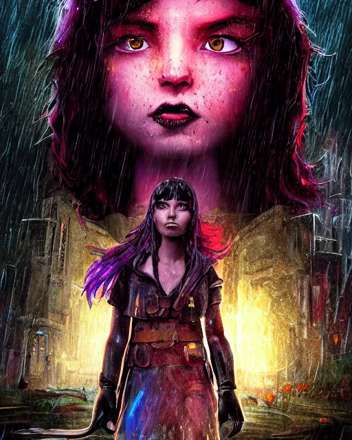 Prompt: An epic fantasy comic book style portrait painting of a very beautiful imposing Industrial goth Dora The Explorer in the rain, wet hair, neon reflections, character design by Mark Ryden and Pixar and Hayao Miyazaki, unreal 5, DAZ, hyperrealistic, octane render, cosplay, RPG portrait, dynamic lighting, intricate detail, cinematic