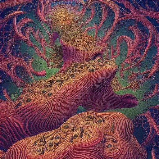 Image similar to shiba uni, freak show, surrealism, fractalism, strange, hyperdetailed, photorealistic, interesting, benoit b. mandelbrot, m. c. escher, patrick woodroffe, ernst fuchs, zdzisław beksinski, id magazine, octane, cinematic, hyperrealism, 8 k, depth of field, bokeh