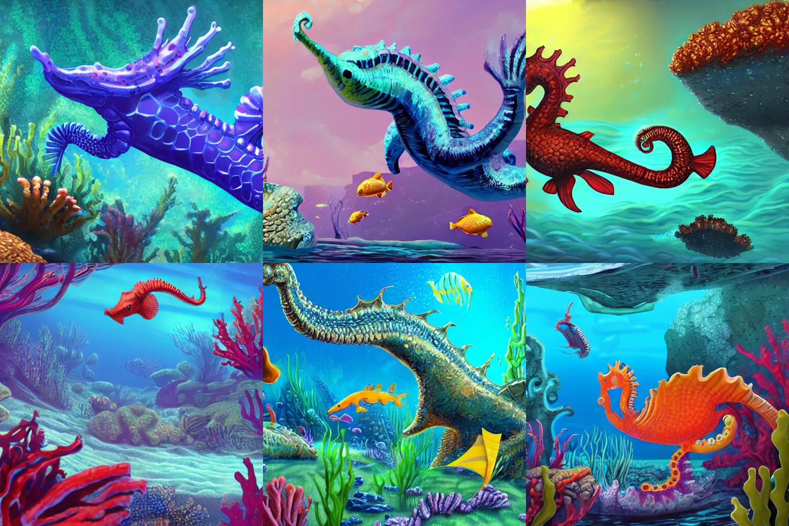 Prompt: seahorse leviathan living in a coral reef. style of subnautica. video game concept art.