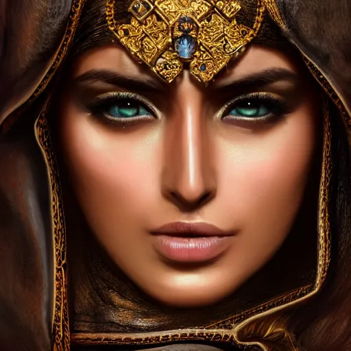 Image similar to Beautiful Arab Ameera Al taweel, blue eyes, leather, portrait, fantasy, medieval, oil colors, elegant, concept art, sharp focus, beautiful face, digital art, Hyper-realistic, 4K, Unreal Engine, Highly Detailed, HD, Dramatic Lighting by Brom, by beeple, studio ghibli, wallpaper, highly detailed, trending on artstation