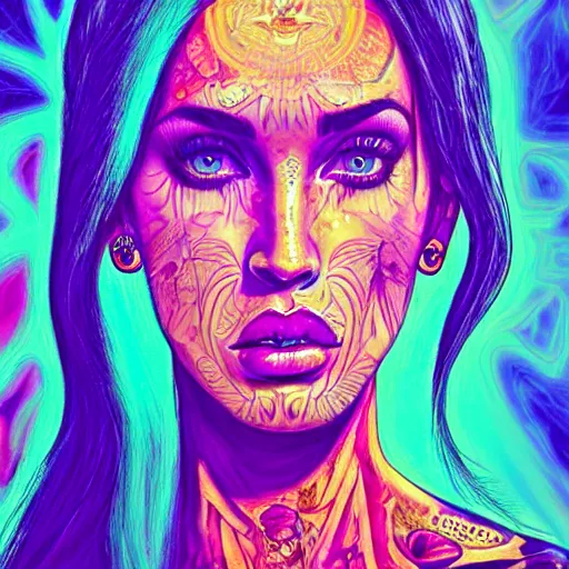 Image similar to an extremely psychedelic portrait of megan fox as mgk, surreal, lsd, face, detailed, intricate, elegant, lithe, highly detailed, digital oth, sharp focus, illustration,