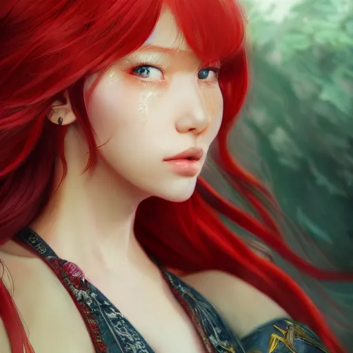 Prompt: highly detailed key visual concept portrait of a red hair beautiful girl in a genshin impact, fantasy illustration, by coco kim, photorealistic, unreal engine, blender render, detailed and intricate environment, trending on artstation