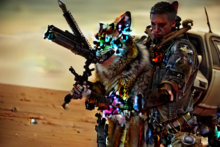 Image similar to a good ol'coyote fursona ( from the furry fandom ), heavily armed and armored facing down armageddon in a dark and gritty version from the makers of mad max : fury road. witness me.