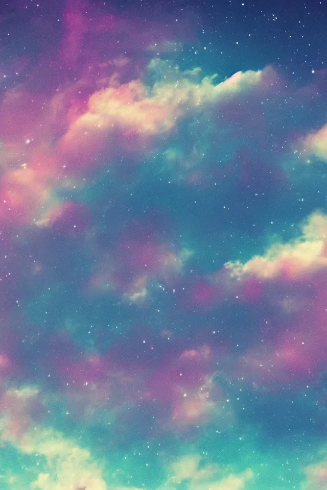 Prompt: Aesthetic wallpaper with night sky and pastel rainbow clouds 1k hd
