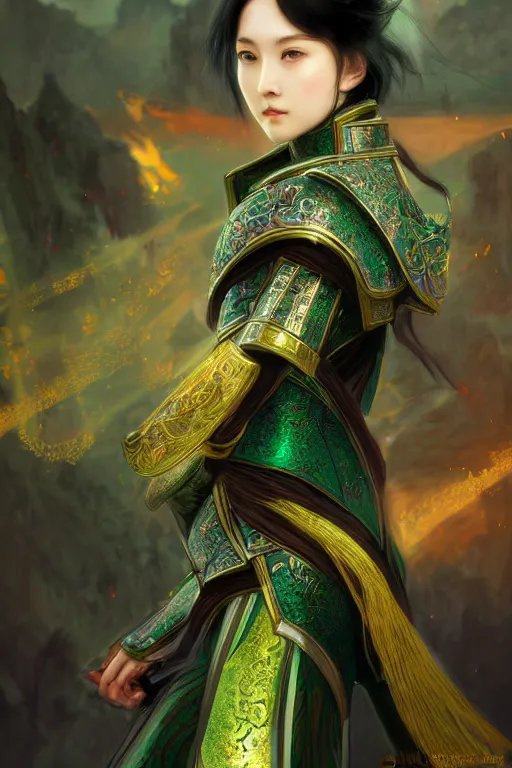 Image similar to portrait black hair young knights of Dynasty Warriors girl, metallic green armor, in ruin fire chinese palace sunrise, ssci-fi and fantasy, intricate and very beautiful and elegant, highly detailed, digital painting, artstation, concept art, smooth and sharp focus, illustration, art by tian zi and WLOP and alphonse mucha