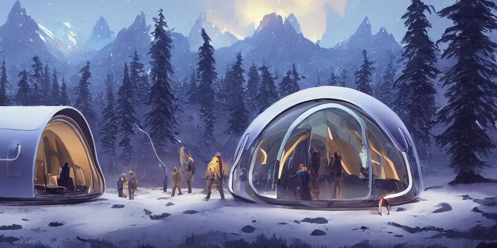 Image similar to cabela's beautiful comfortable futuristic pop up insulated all terrain family pod, cabin, modular, person in foreground, mountainous forested wilderness open fields, beautiful views, painterly concept art, joanna gaines, environmental concept art, farmhouse, magnolia, concept art illustration by ross tran, by james gurney, by craig mullins, by greg rutkowski trending on artstation