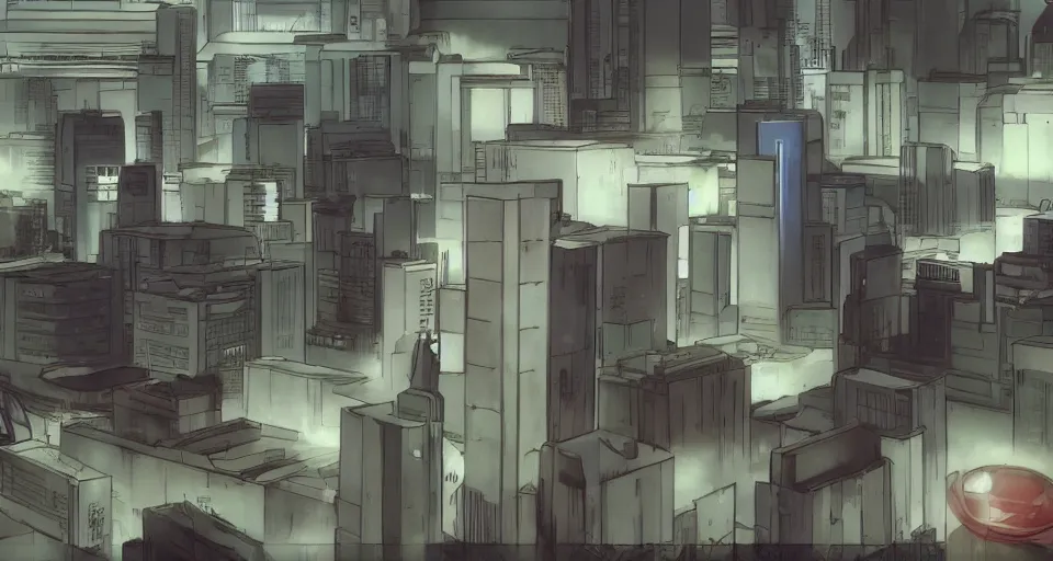 Prompt: Scene within the location called 'Public security section 9'. interior environment bg. Screenshot from an episode of the anime 'Ghost in the shell: Stand Alone Complex' (2003). Produced by 'Production I.G'. Original manga by Masamune Shirow. Art direction by Kazuki Higashiji and Yuusuke Takeda.