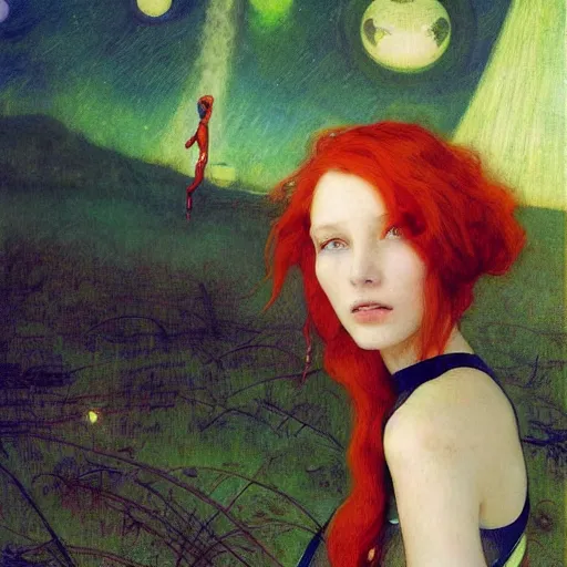 Image similar to beautiful woman with red hair in spacesuit, lost in the martianMartian forest at dusk, by Edgar Maxence and Ross Tran and Michael Whelan and Gustav Klimpt