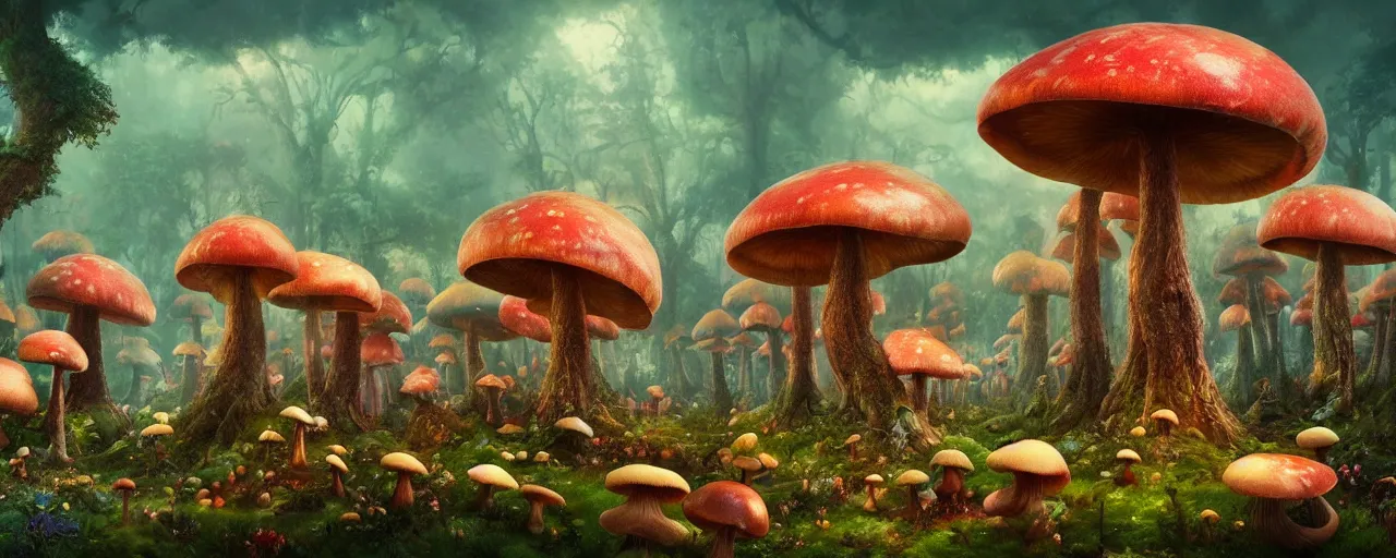 Image similar to ” whimsical world of giant mushrooms, flowers, trees, twisted roots and happiness, [ by paul lehr, cinematic, detailed, epic, widescreen, opening, establishing, mattepainting, photorealistic, realistic textures, octane render ] ”