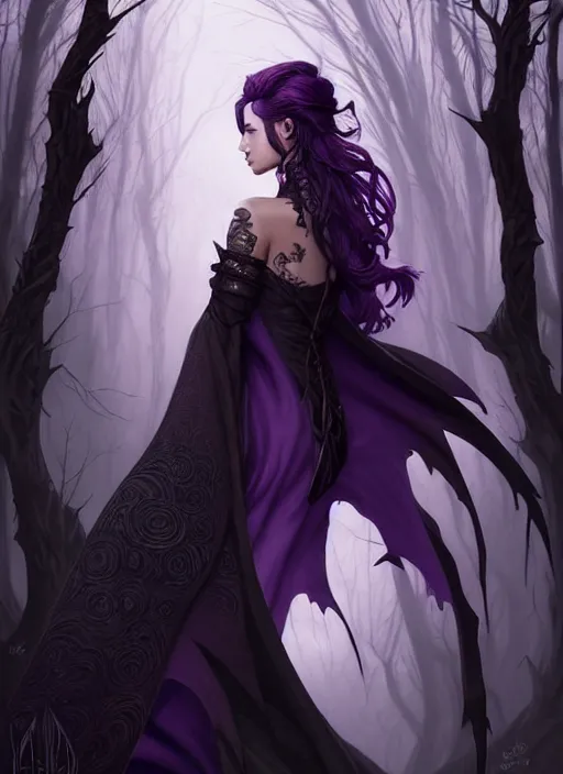 Prompt: side portrait dark witch, adventurer outfit large cloak, fantasy forest landscape, dragon scales, fantasy magic, undercut hairstyle, short purple black fade hair, dark light night, intricate, elegant, sharp focus, illustration, highly detailed, digital painting, concept art, matte, art by WLOP and Artgerm and Greg Rutkowski and Alphonse Mucha, masterpiece