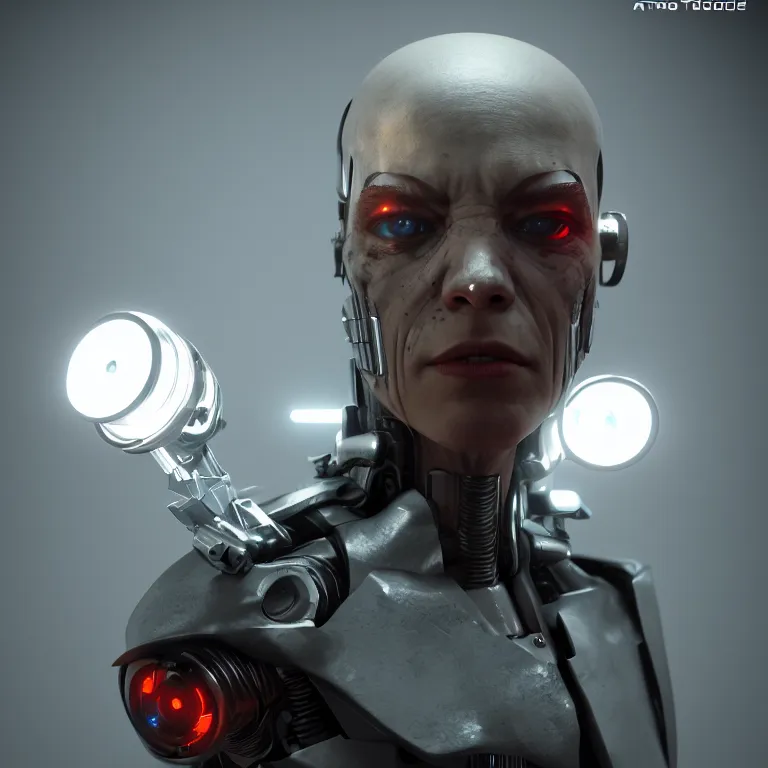 Image similar to a mugshot of a cyborg criminal, octane render, volumetric lighting, nvidia raytracing demo, by Andy Thomas, Mario Martinez, Daniel Mirante, Gustave Dore, Artstation, CGsociety, masterpiece