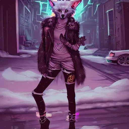 Image similar to beautiful furry art portrait commission of a female furry anthro wolf fursona wearing punk clothes in the streets of a cyberpunk city at night in the snow. neon signs. character design by rick griffin, miles df, charlie bowater, ross tran, detailed, inked, western comic book art