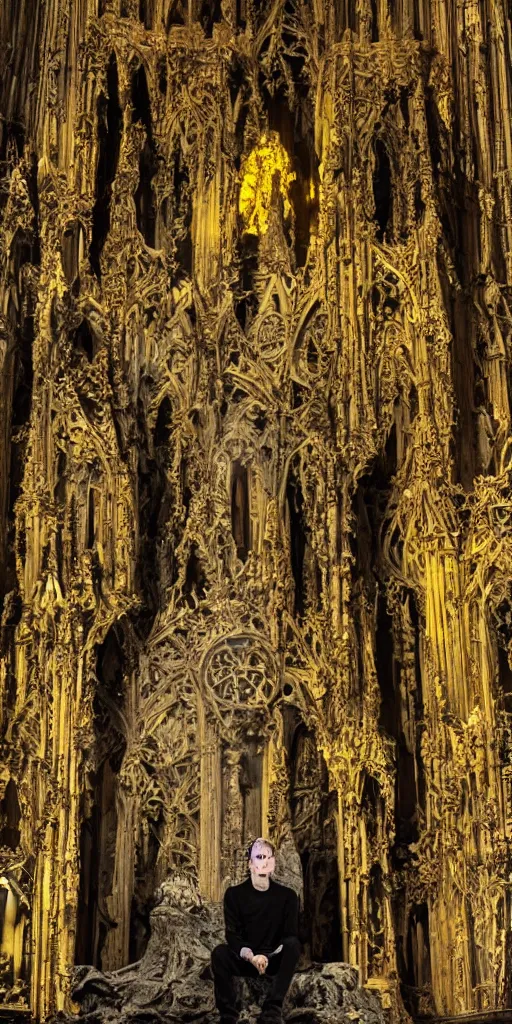Image similar to a tall pale humanoid being sitting upon an ornate stone throne, 4K, digital art, horror, dramatic, wearing a long yellow rotting garment, dark, hyperrealistic, perspective, complex black church background with volumetric lights coming in through cathedral windows, dark background, highlights,