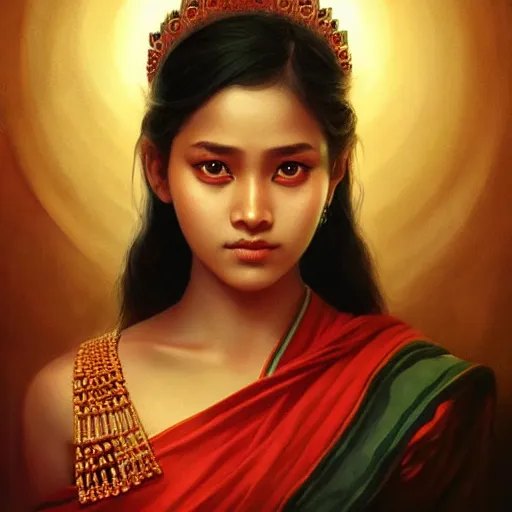 Prompt: beautiful young bihu queen ; portrait by artgerm and tom bagshaw ; trending on artstation ; award winning, cinematic natural dramatic lighting, studio photography by annie leibovitz