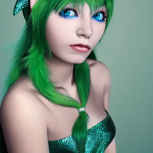 Prompt: blue-skinned elf girl with green hair