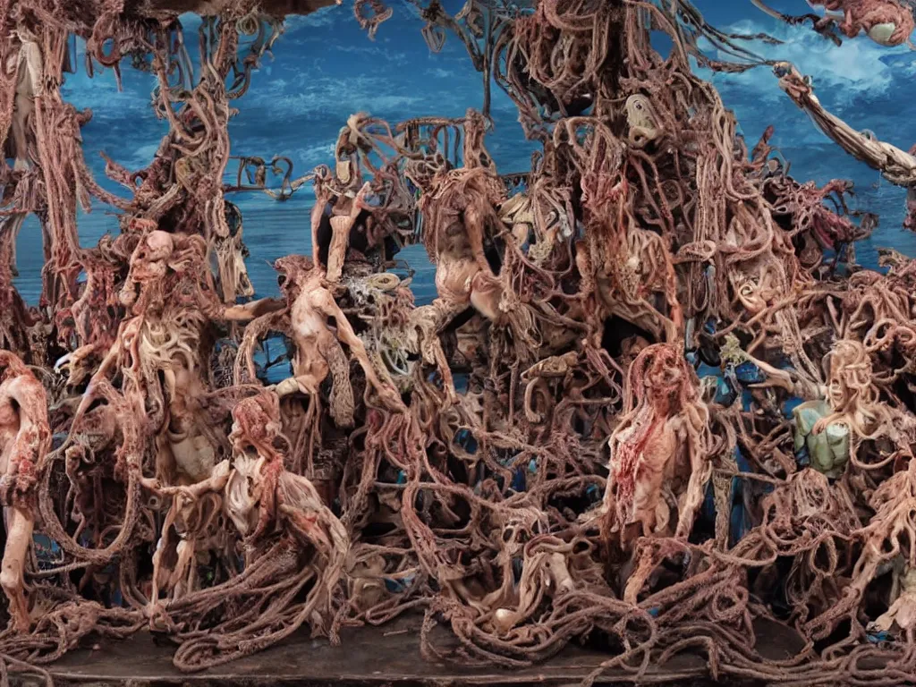 Image similar to diorama of the raft of the medusa as an animatronic schlock body horror comedy film, fun, animatronic figures, Sally Corporation, Garner Holt, Chris Walas, Rick Baker, Rob Bottin, Alec Gillis, Tom Woodruff Jr, Tom Savini, Stan Winston, lurid, vivid colors, neon lights, rubber latex, plastic, realistic materials, fleshy, Cronenberg, daylight, photo real, wet, slimy, wide angle, rule of thirds, 28mm, 1984, Eastman EXR 50D 5245/7245