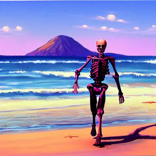 Image similar to Beautiful digital painting portrait of relaxed skeleton walking on the tropical beach with nuclear bomb explosion in the background, by James Gurney, high quality, trending on Artstation, realistic, tropical color scheme, anatomically correct skeleton, high coherence, clear blue sky